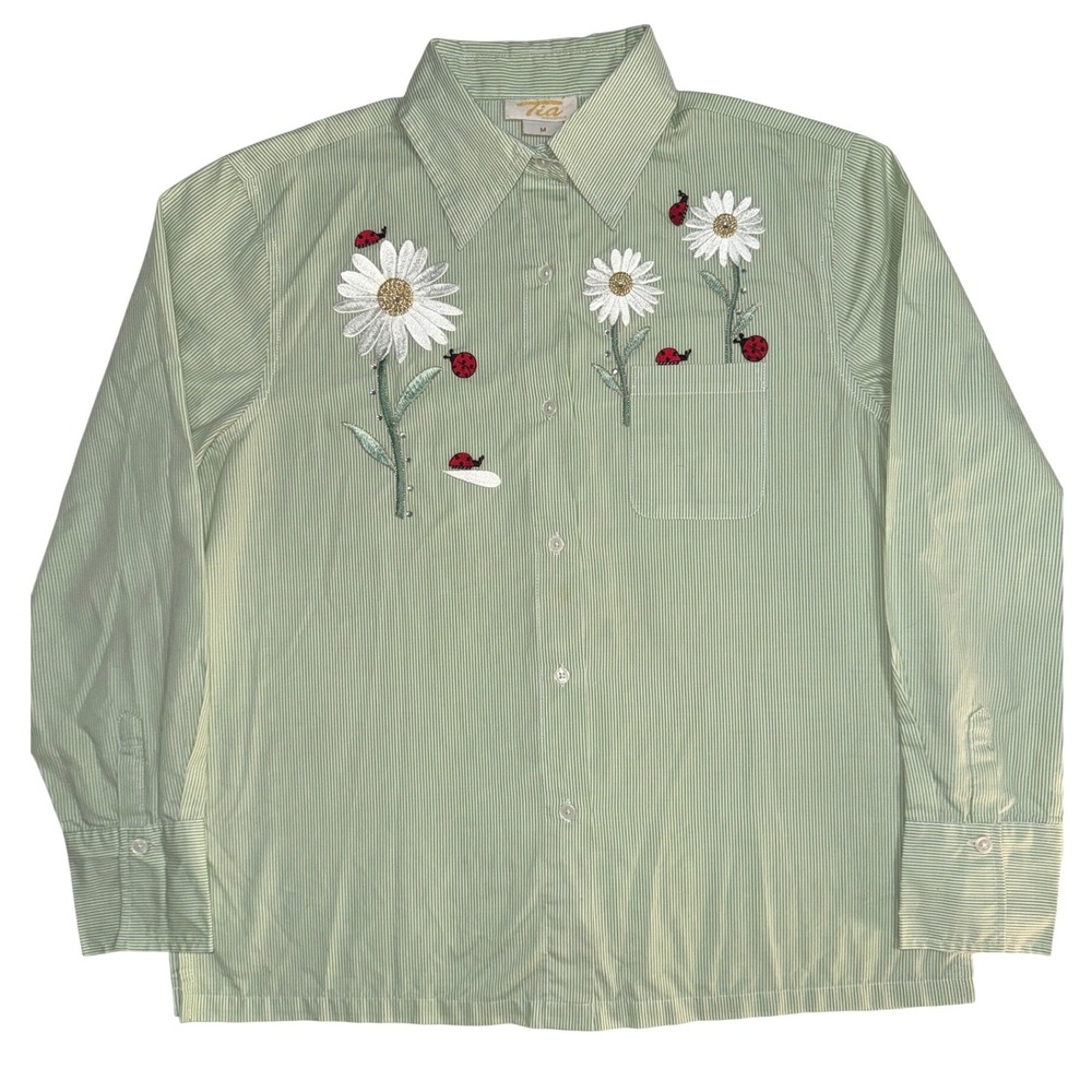 Tia Designs Green Striped Embroidered Daisy Ladybug Button Down Shirt Womens M